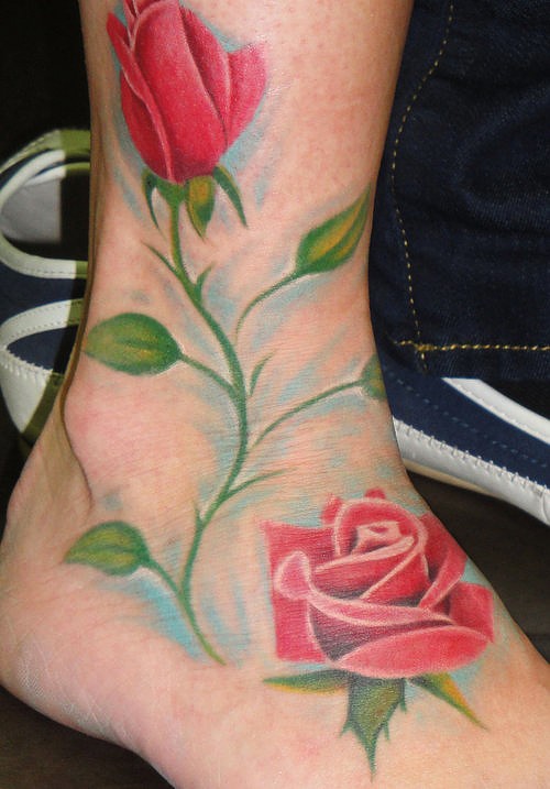 Lovely Red Roses Foot And Ankle Tattoo