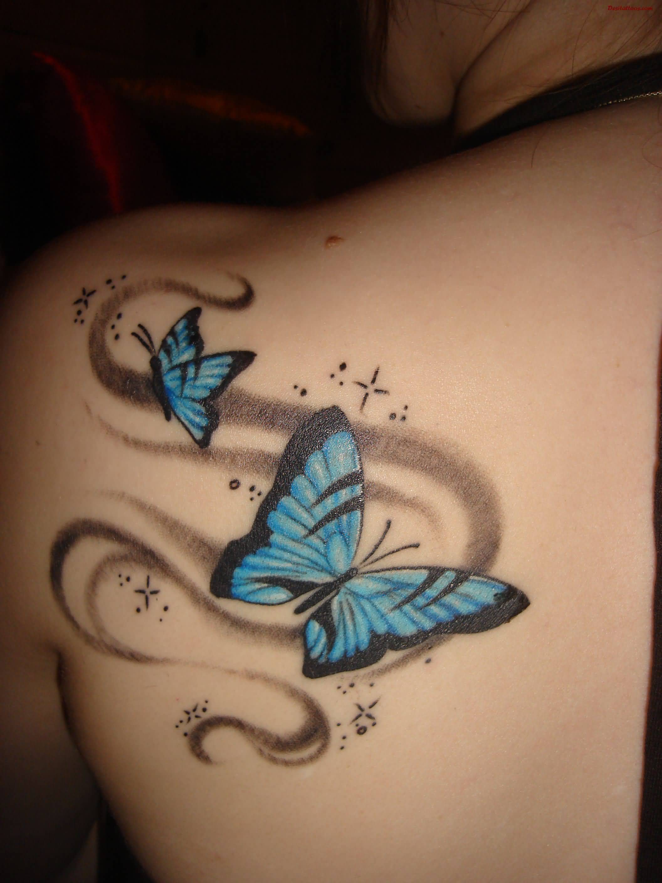 Lovely Stars Butterflies Tattoo On Back Shoulder