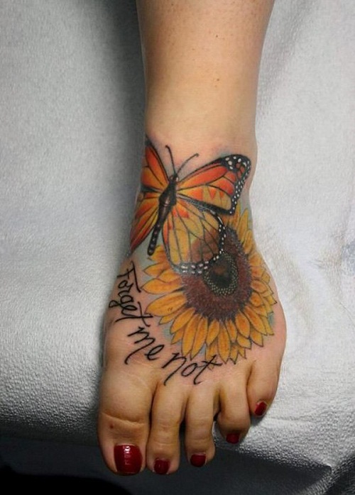 Lovely Sunflower Dragonfly With Message Tattoo On Foot