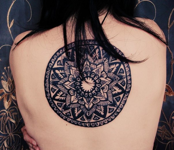 Mandala Circular Tattoo On Upper Back For Girls