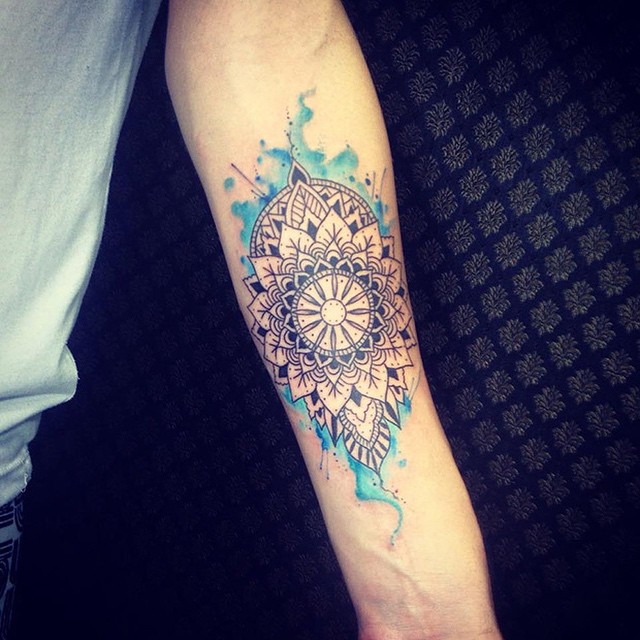 Mandala Color Splash Tattoo On Forearm
