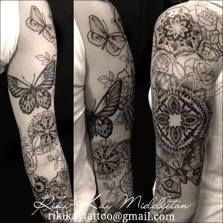 Mandala Flower And Butterfly Tattoo On Half Sleeve By Riki