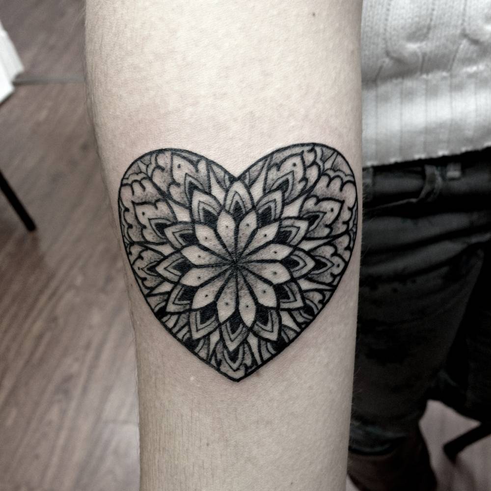 Mandala Heart Tattoo On Forearm By Kirk Nilsen
