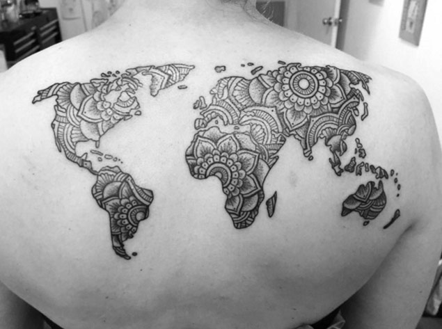 Mandala Map Tattoo On Upper Back For Women