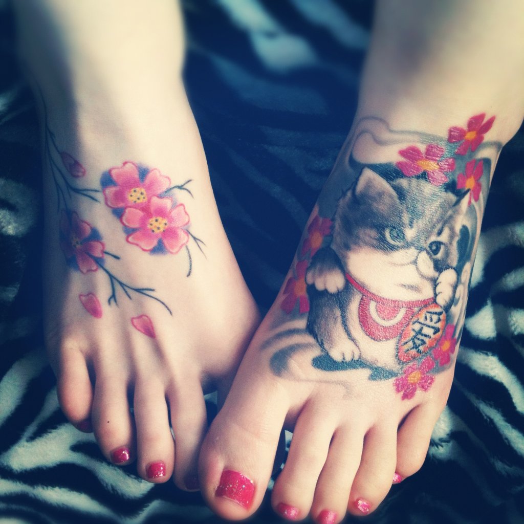 Maneki Cat With Cherry Blossom Both Feet Tattoos