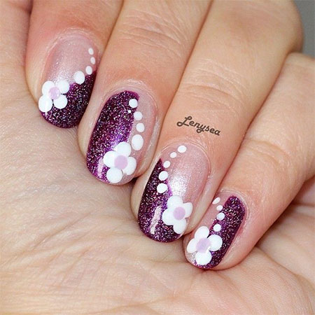 Maroon Glitter Diagonal Design With Spring Flowers Nail Art