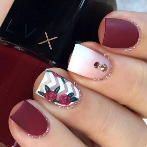 Matte Zigzag Design With Spring Flowers Nail Art
