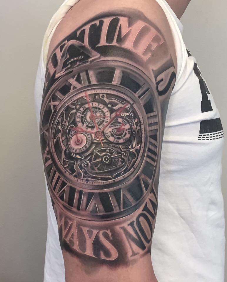 Mechanical Clock Tattoo On Right Half Sleeve