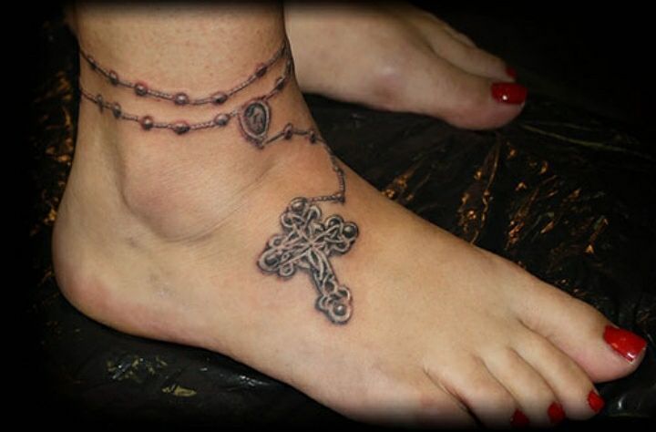 Medieval Rosary Tattoo Around Ankle And Foot Tattoo