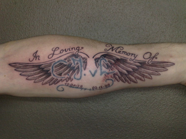 Memorial Angel Wings Tattoo On Arm Sleeve