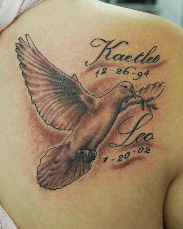 Memorial Dove Tattoo On Right Back Shoulder