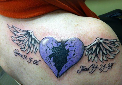 Memorial Heart With Wings Tattoo On Back Shoulder