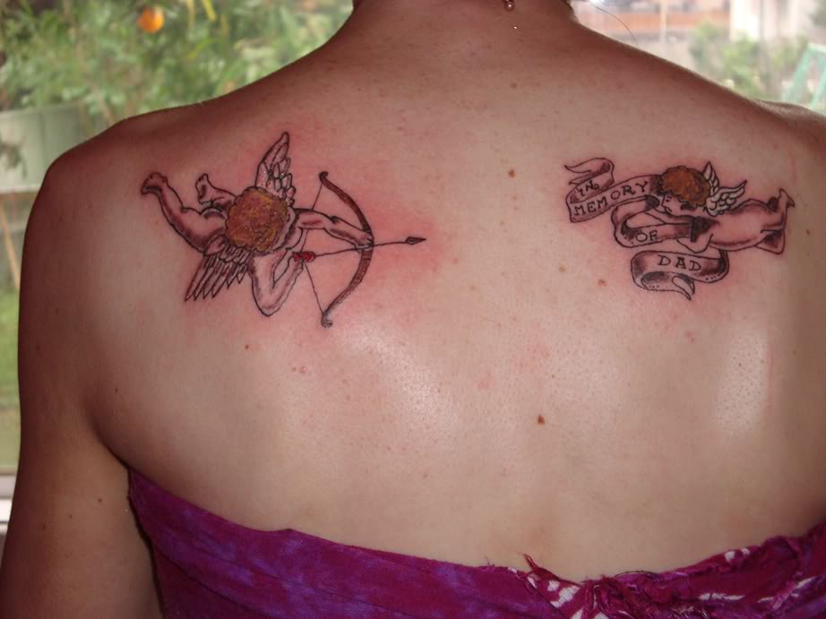 Memory Of Dad Banner And Cherub Girl Tattoo On Upper Back