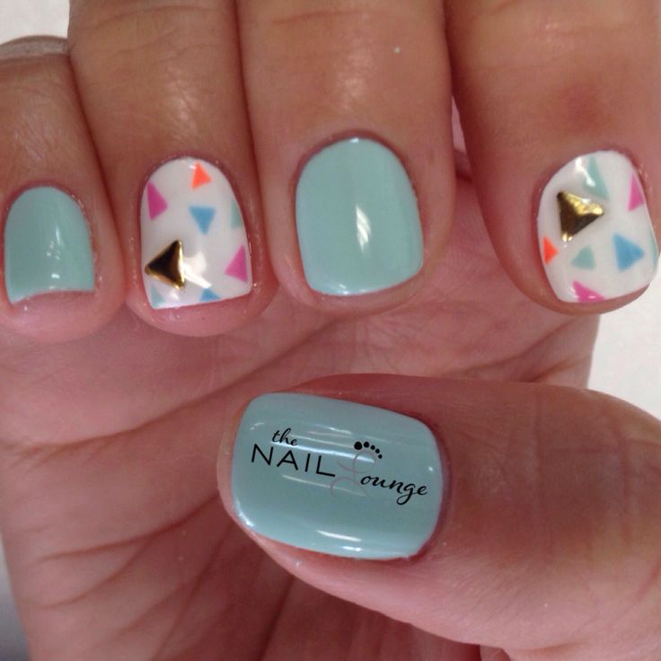 Mint Pastel Gel Nail Art With Gold Studs Design