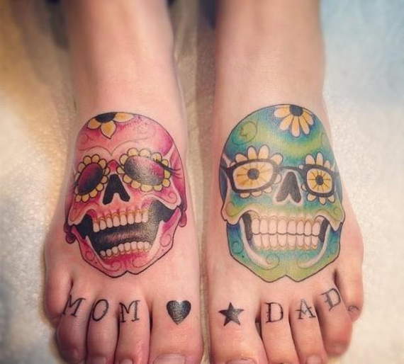 Mom And Dad Sugar Skulls Tattoos On Both Feet
