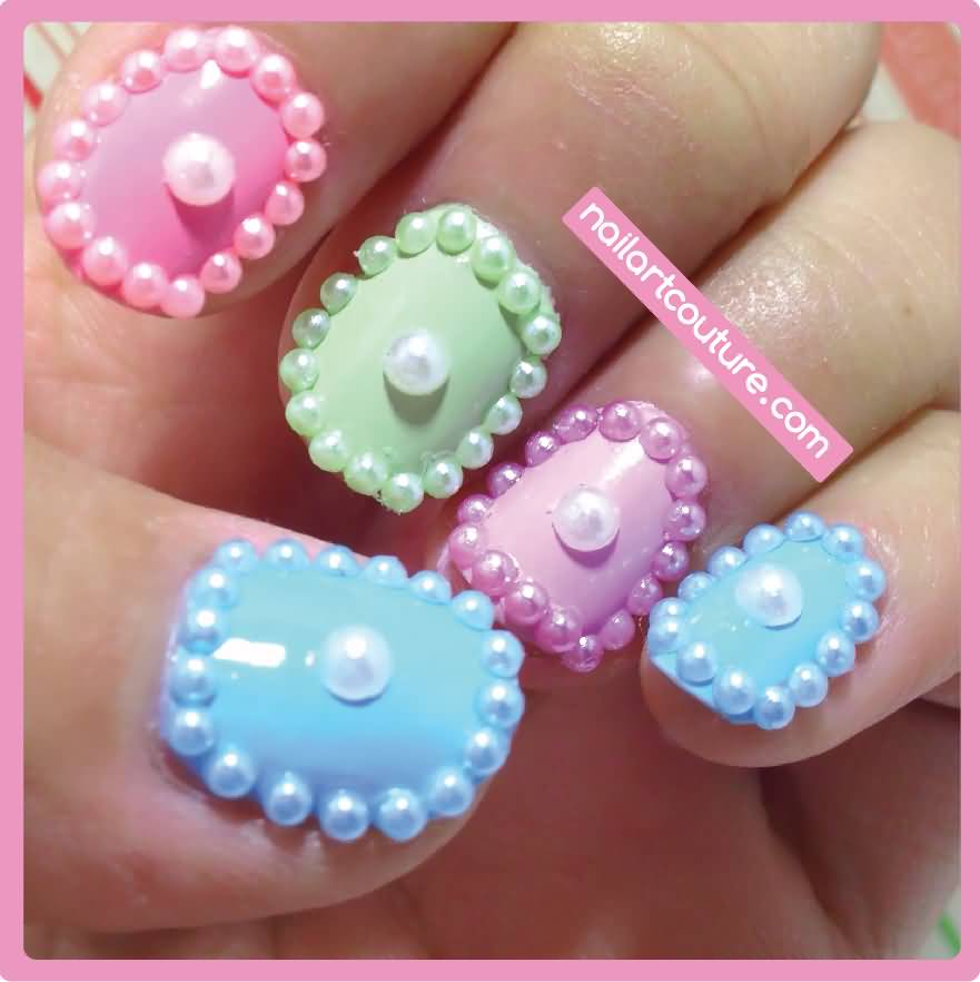 Multicolor Nails With Pearls Border Design Nail Art