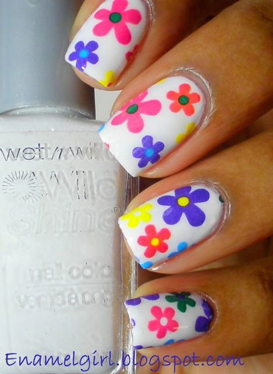 Multicolored Spring Flowers Nail Art Idea