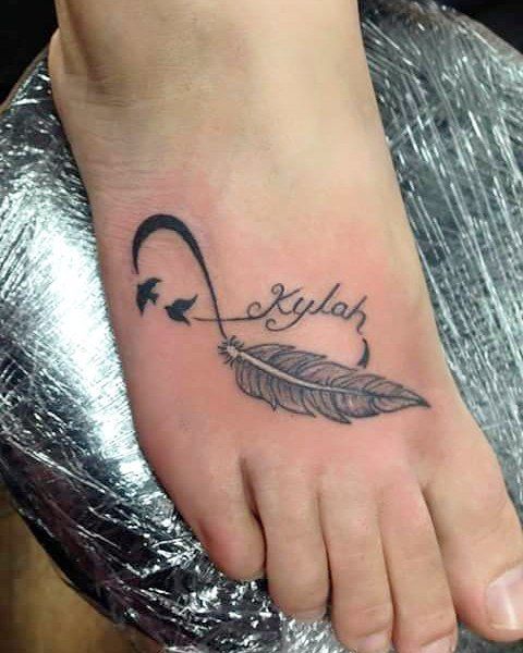Name Birds Infinity Feather Tattoo On Foot