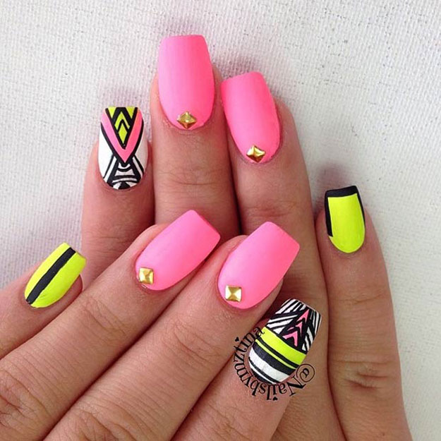 Neon Pink And Yellow Spring Nail Art