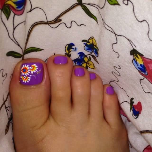 Neon Pink Toe Nails And White Spring Flowers Nail Art
