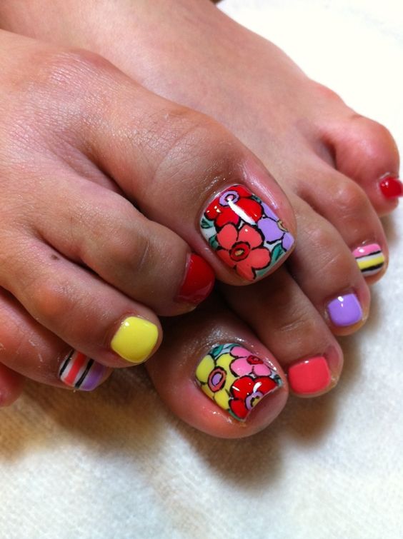 Neon Spring Flowers Nail Art For Toe Nails