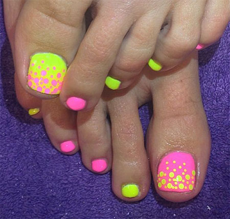 Neon Yellow And Pink Spring Toe Nail Art