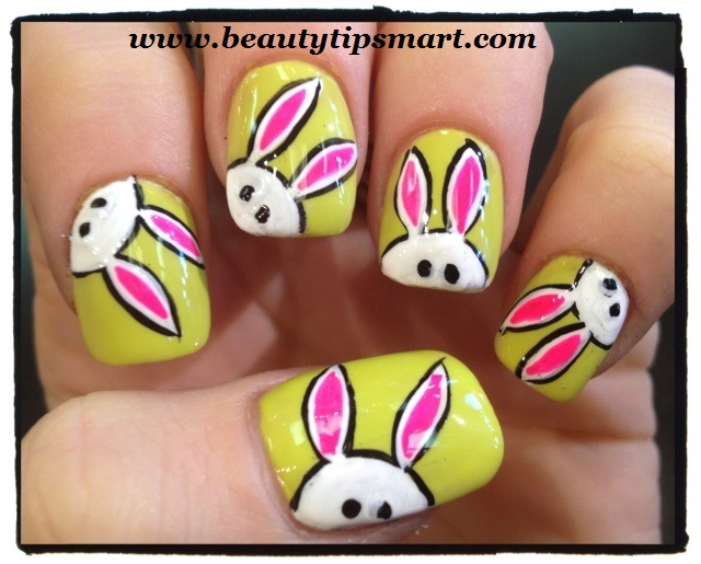 Neon Yellow Nails With White Easter Bunny Nail Art