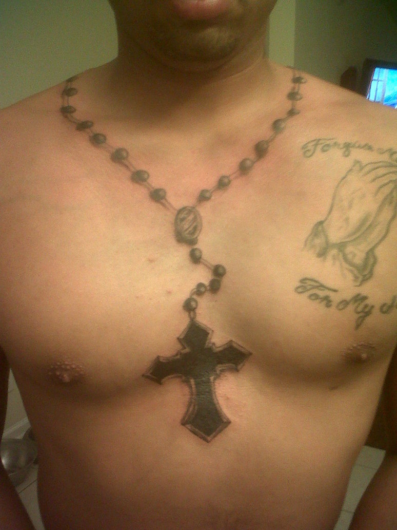 Nice 3D Black Rosary Tattoo On Chest By Miapow7
