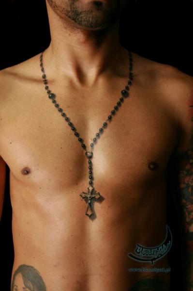 Nice 3D Rosary Tattoo On Chest For Men