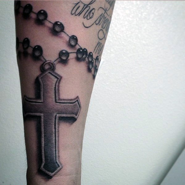Nice 3D Rosary Tattoo On Wrist For Men