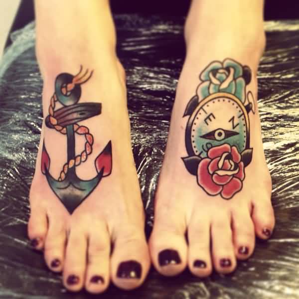 Nice Anchor And Compass Traditional Tattoos On Feet For Women