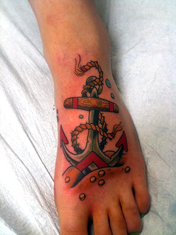 Nice Anchor In Water Traditional Tattoo On Foot