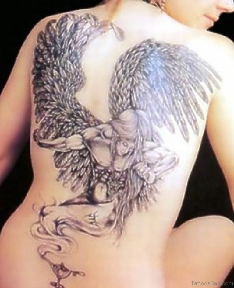 Nice Angel Genie Tattoo On Full Back For Girls