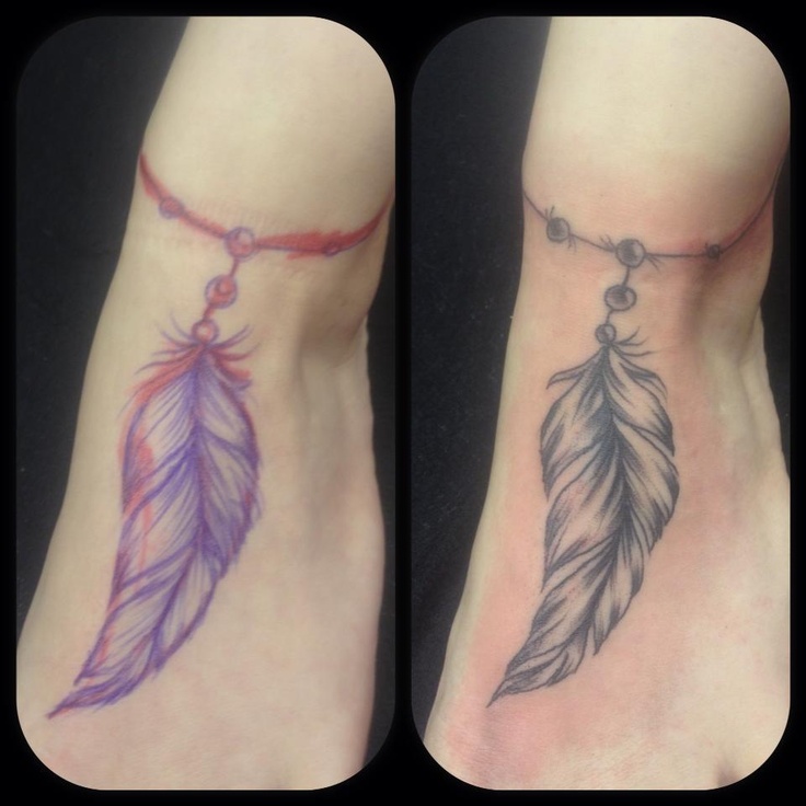 Nice Before And After Feather Bracelet Tattoo On Ankle