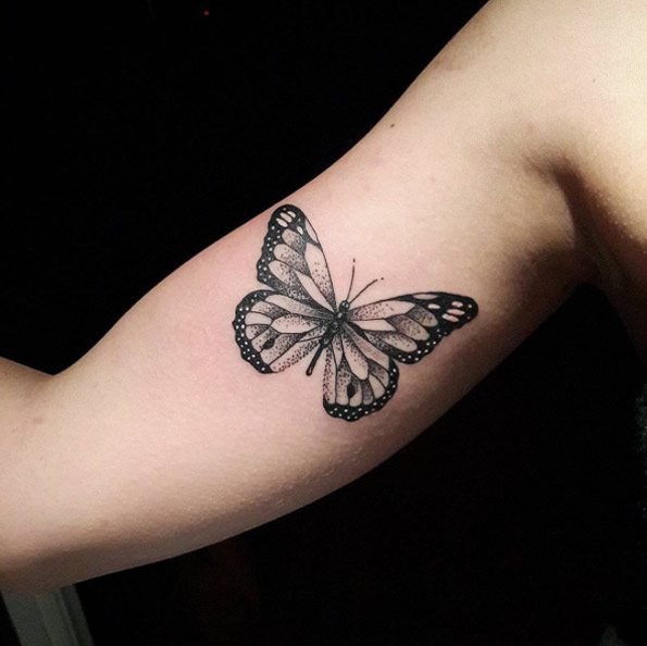 Nice Black Ink Butterfly Tattoo On Biceps By Diogo Rocha