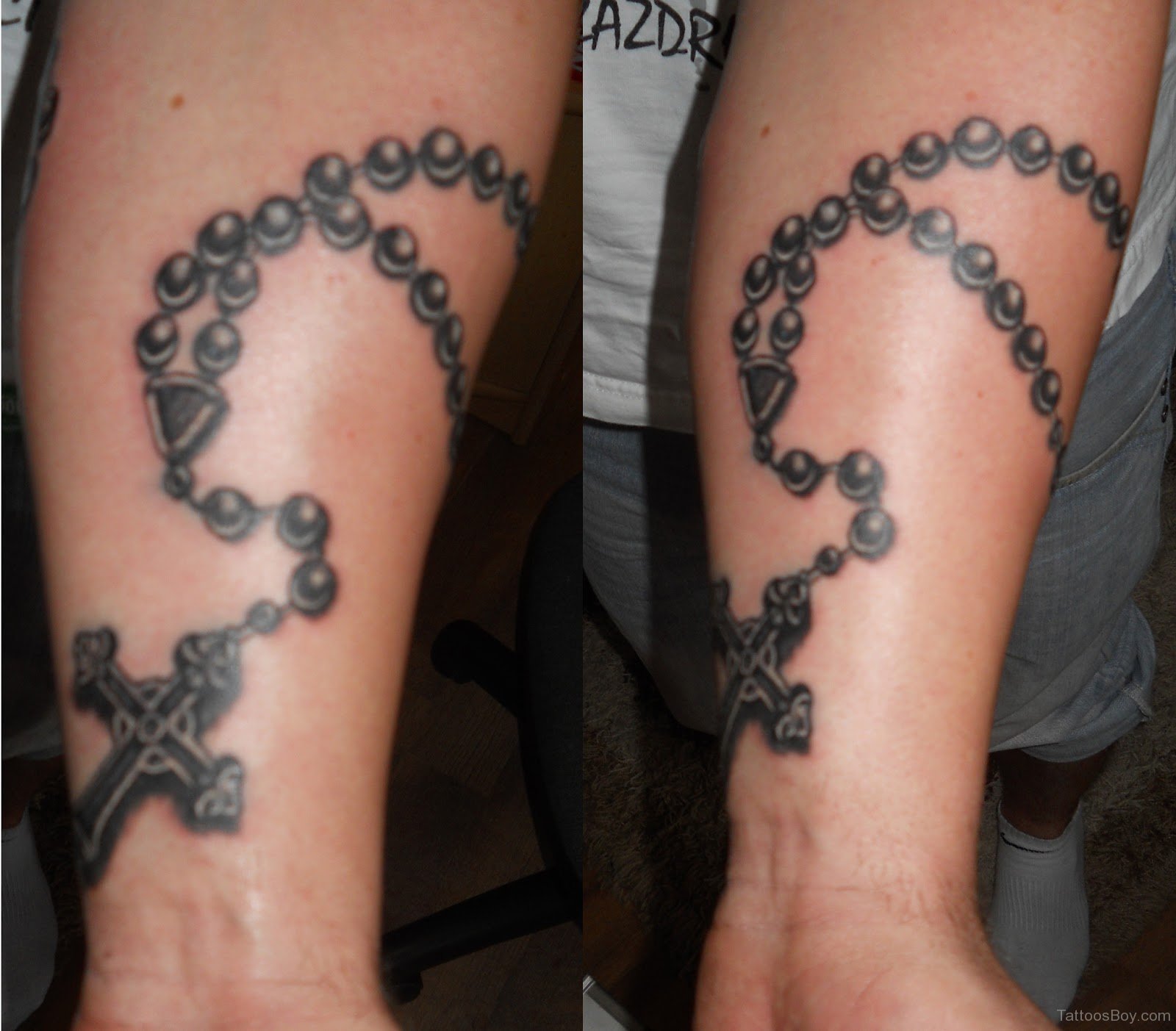Nice Black Rosary Tattoo On Arm