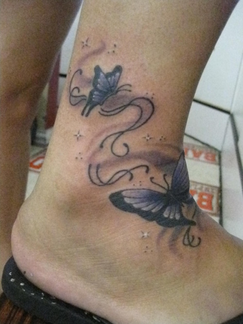 Nice Butterflies And Stars Tattoo On Ankle