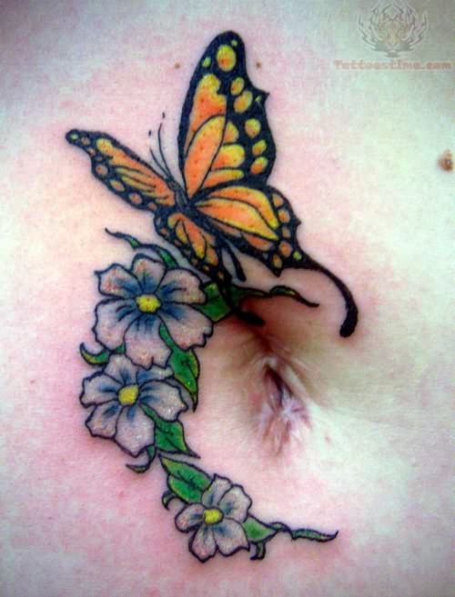 Nice Butterfly And Flowers Tattoo Around Belly