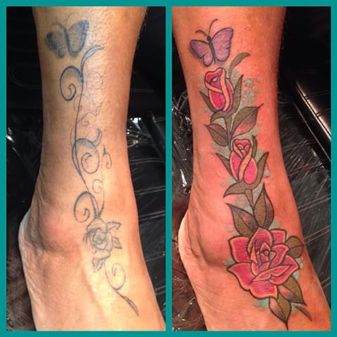 Nice Butterfly Roses Before And After Tattoo On Leg To Foot