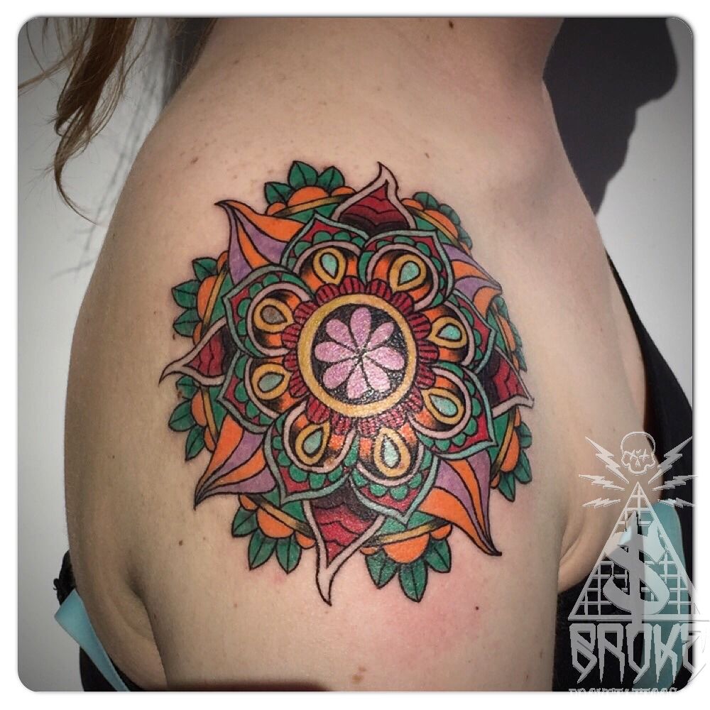 Nice Color Mandala Shoulder Tattoo For Girls