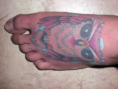 Nice Colored Owl Tattoo On Foot