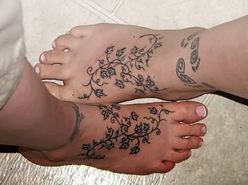 Nice Couple Vine Matching Tattoos On Feet