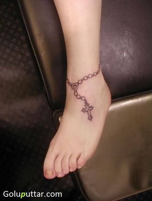 Nice Cross Heart Bracelet Tattoo On Ankle