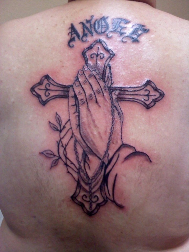 Nice Cross Rosary With Praying Hands Tattoo On Upper Back For Men