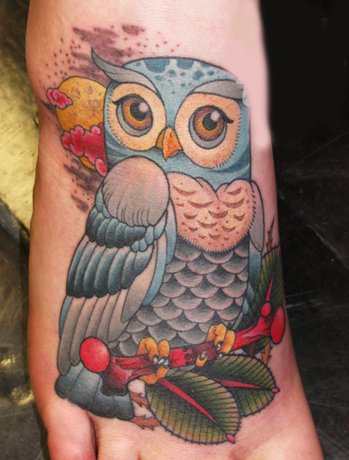 Nice Cute Owl Bird And Moon Tattoo On Foot