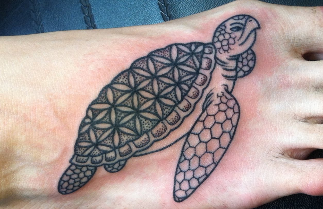 Nice Dotwork Turtle Tattoo On Foot