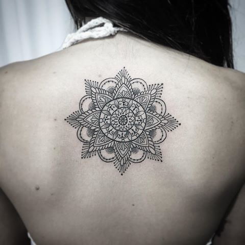 Nice Floral Mandala Tattoo On Girl Upper Back
