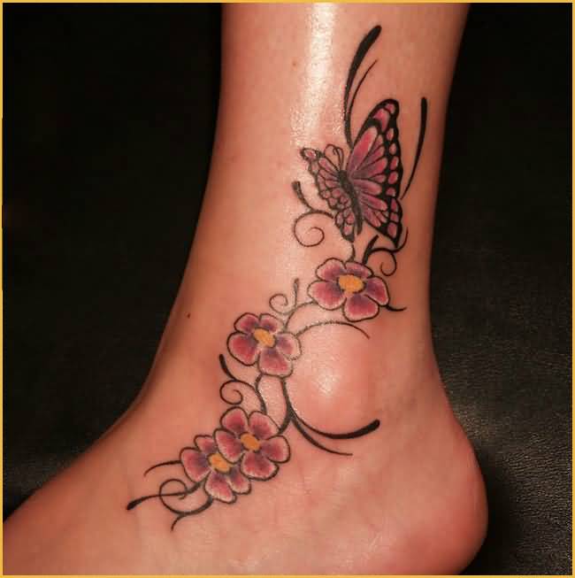 Nice Flowers With Butterfly Ankle Tattoo