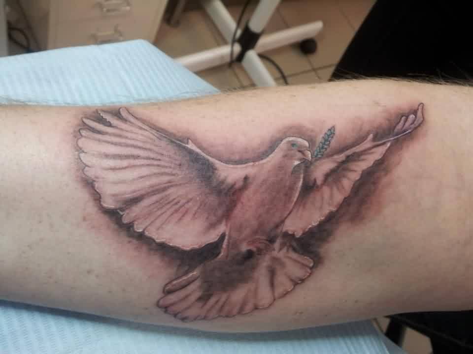 Nice Flying Realistic Dove Tattoo