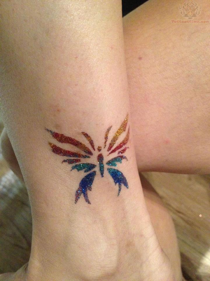 Nice Glitter Butterfly Tattoo On Ankle